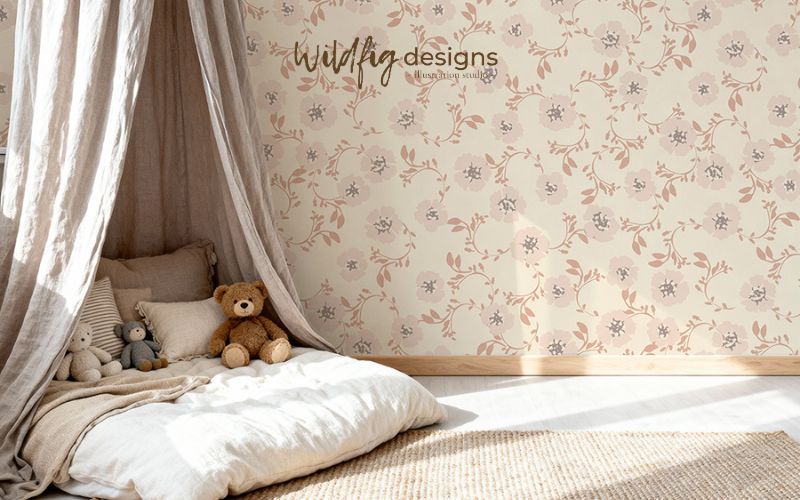 A cosy nursery featuring delicate floral wallpaper in soft hues, a crib, and playful décor elements like stuffed animals and a canopy.
