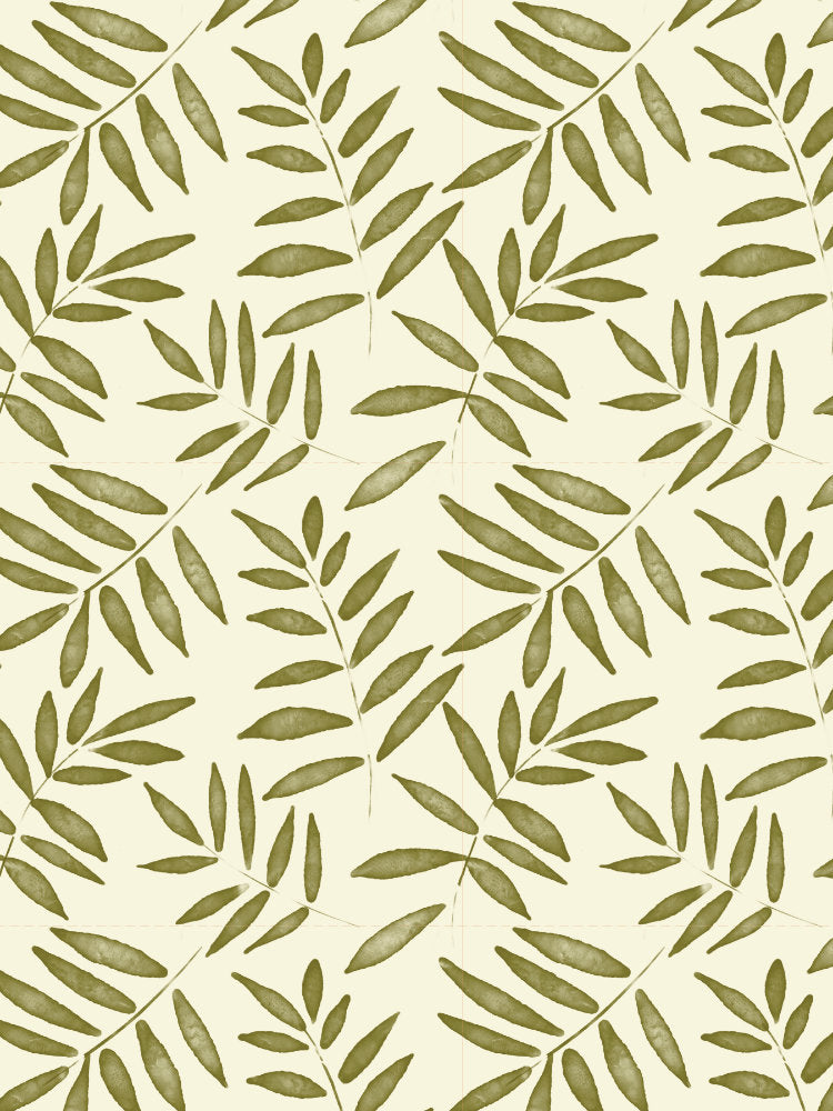 Botanical repeating pattern of olive green bramble leaves arranged in a soft lattice on a pale cream background.