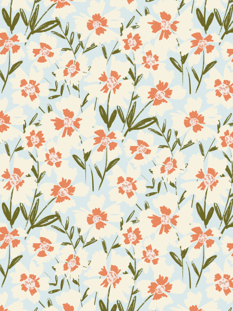 Seamless coral and cream floral pattern with olive green stems and scattered bramble blossoms on a soft blue background.