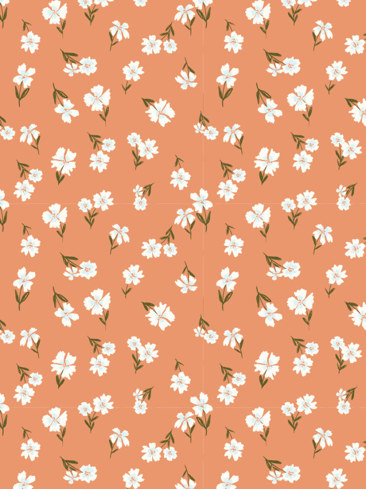 Small-scale cream floral scatter pattern with tiny blossoms and dark stems on a coral background.