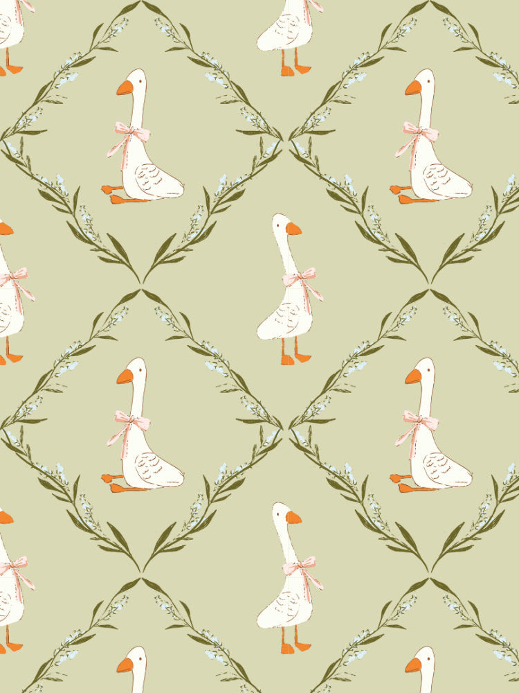 Illustrated white geese with coral bows framed by leafy bramble wreaths in a soft repeating lattice pattern on sage green.