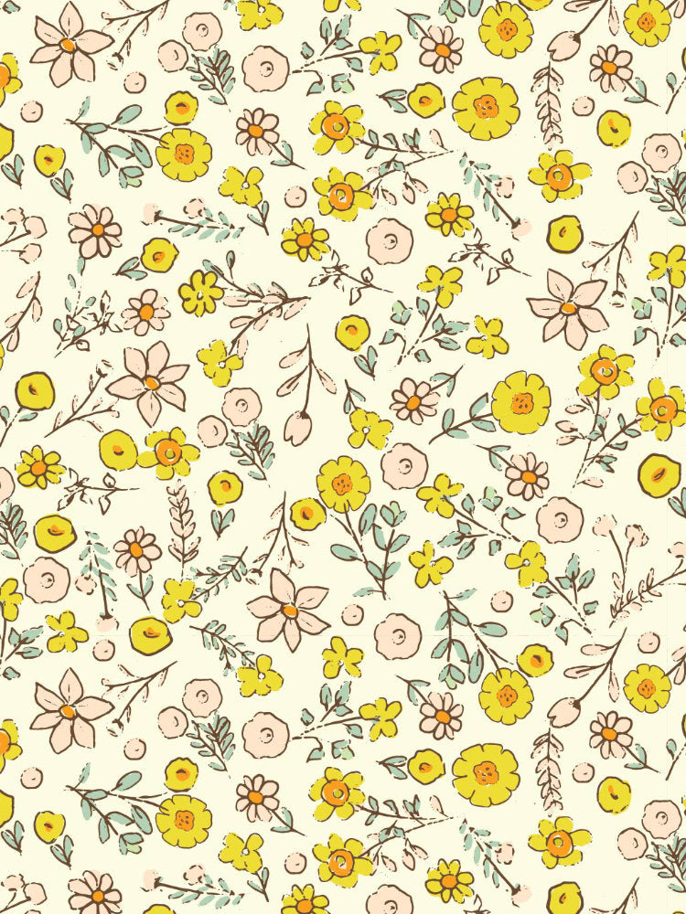 Buttercup Meadow cream floral scatter seamless pattern for nursery wallpaper and fabric. 