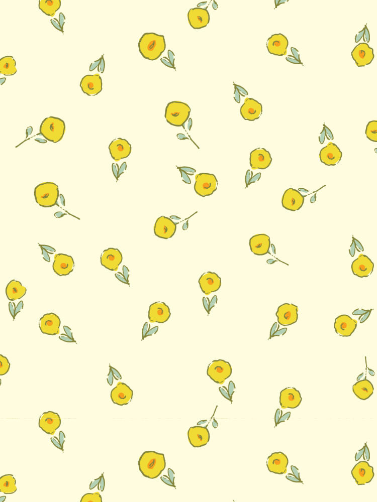 Buttercup Meadow small yellow bud ditsy pattern for quilting cotton and nursery décor. Close up