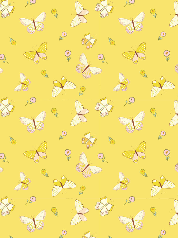 Buttercup Meadow yellow butterfly and floral seamless wallpaper design for kids room.