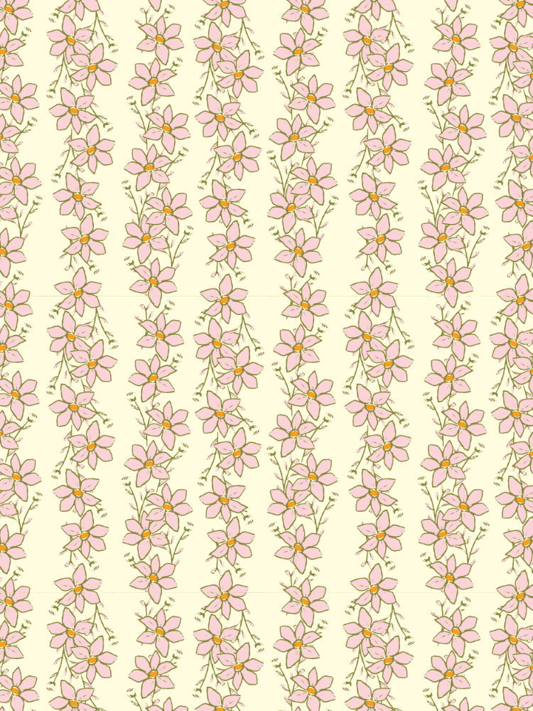 Buttercup Meadow yellow vertical floral stripe wallpaper design for children’s bedroom. 