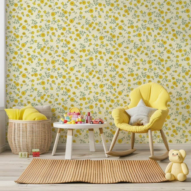 Children's room with yellow ditsy floral wallpaper, rocking chair, and toys.