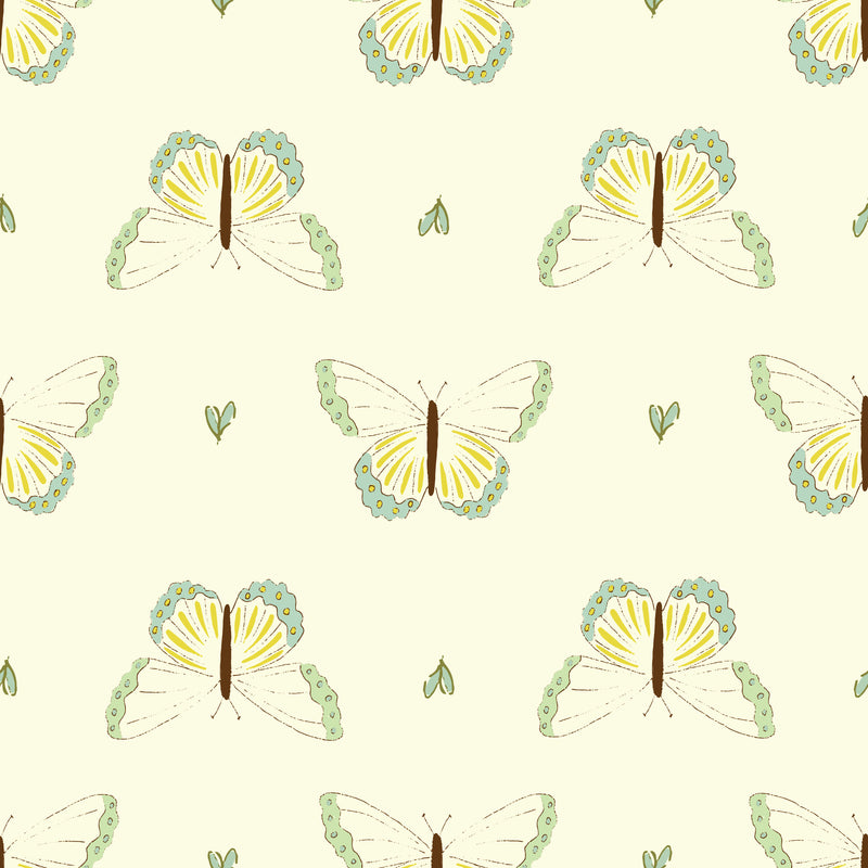 Buttercup Meadow sunlit butterfly repeat pattern for nursery wallpaper and bedding.