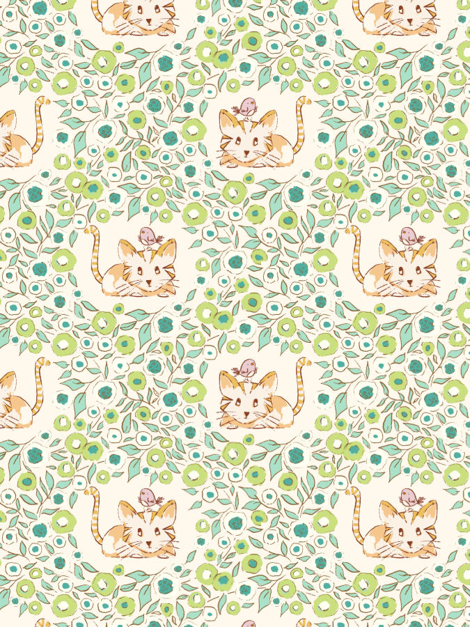 Whimsical pattern of playful cats surrounded by hand-drawn florals and vines on a soft cream background.