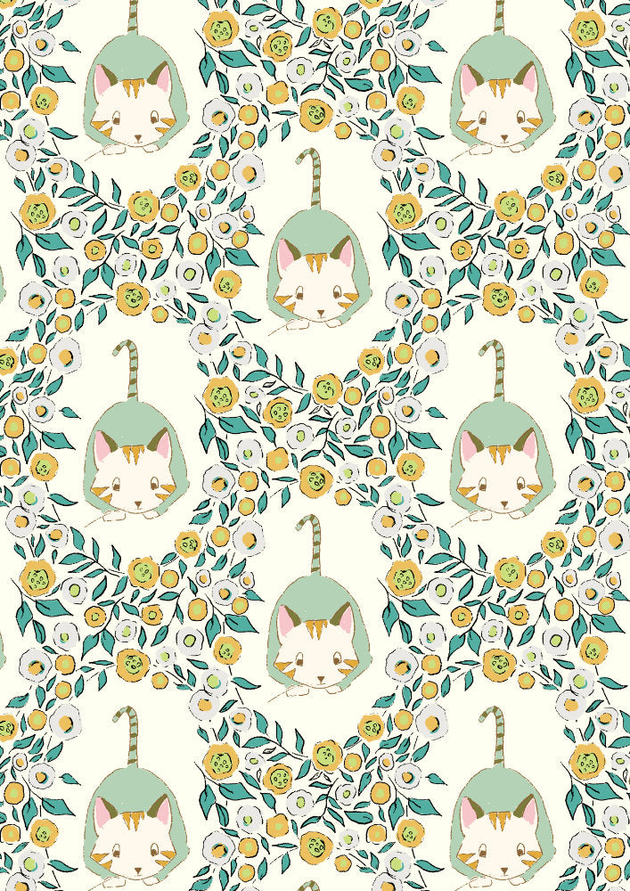 Whimsical pattern of playful cats surrounded by hand-drawn florals and vines on a soft cream background.