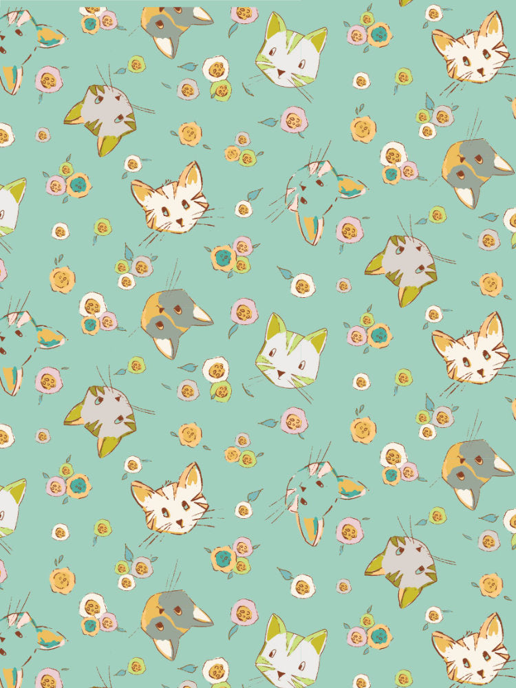 Curious kitten faces peek through scattered spring florals on a soft mint background.