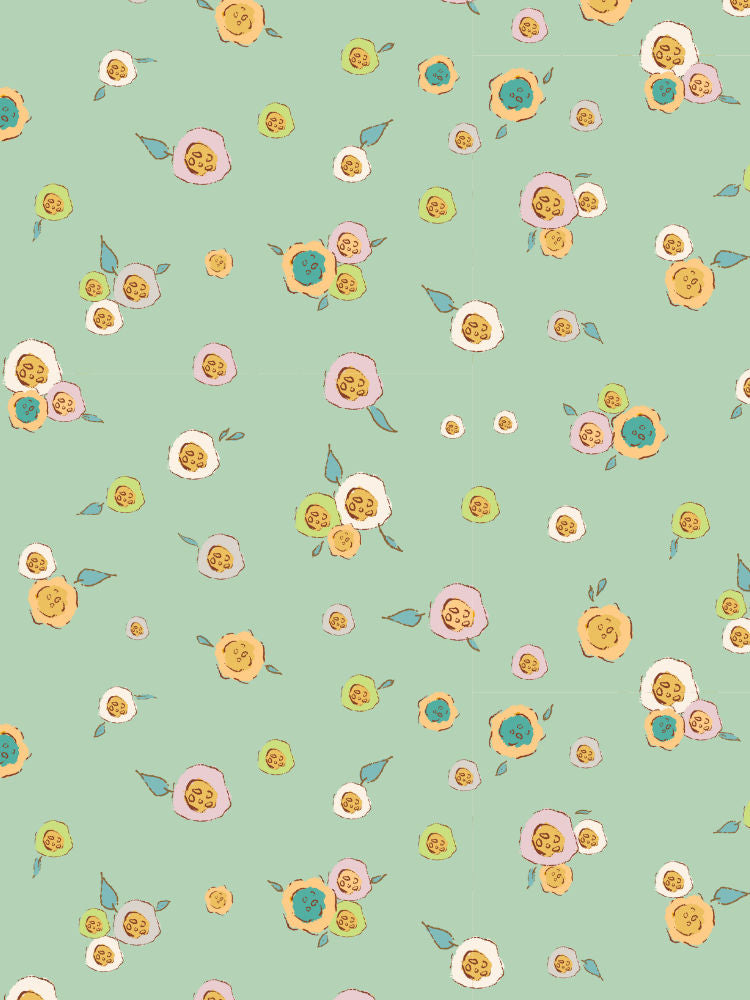 Small-scale floral pattern with hand-drawn blossoms in soft pastel tones on a soft sage green background wallpaper design for children’s bedroom
