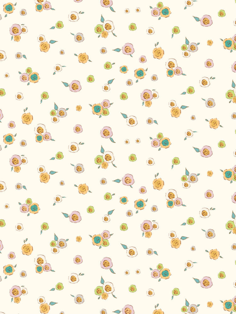Small-scale floral pattern with hand-drawn blossoms in soft pastel tones on a soft cream background wallpaper design for children’s bedroom