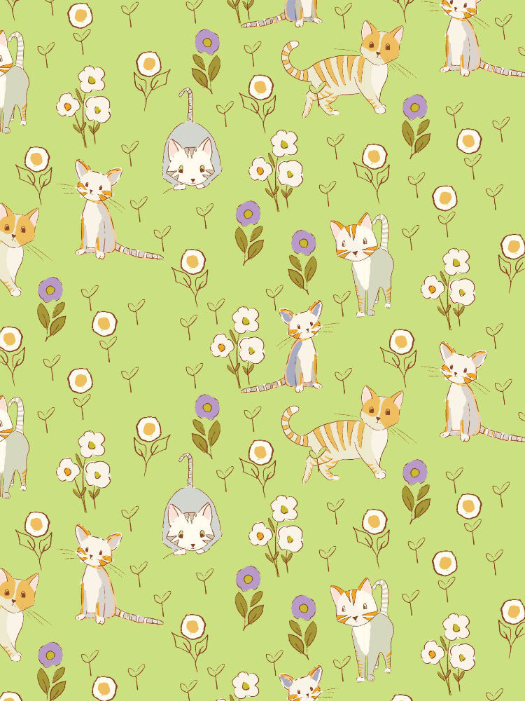Hand-drawn cats nestled among soft florals and leaves in a whimsical repeating pattern.