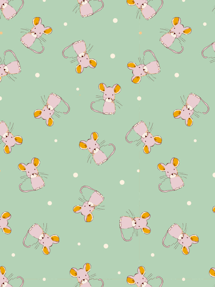 Tiny illustrated mice scamper playfully across a fresh green meadow backdrop.