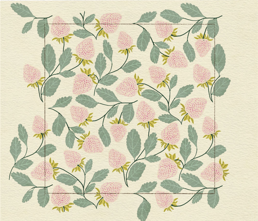 Finished coloured strawberry repeat pattern featuring pale pink fruit and pastel green leaves on a creamy neutral background.