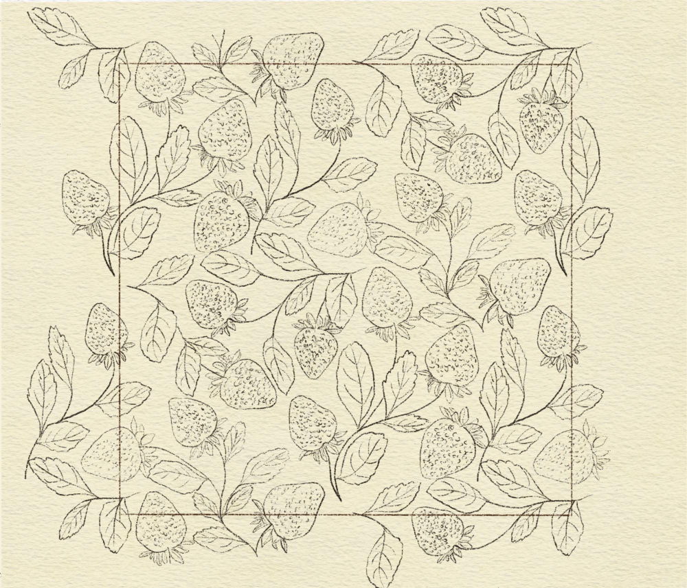 Detailed pencil drawing of a seamless strawberry repeat pattern showing hand-sketched berries and leafy stems.