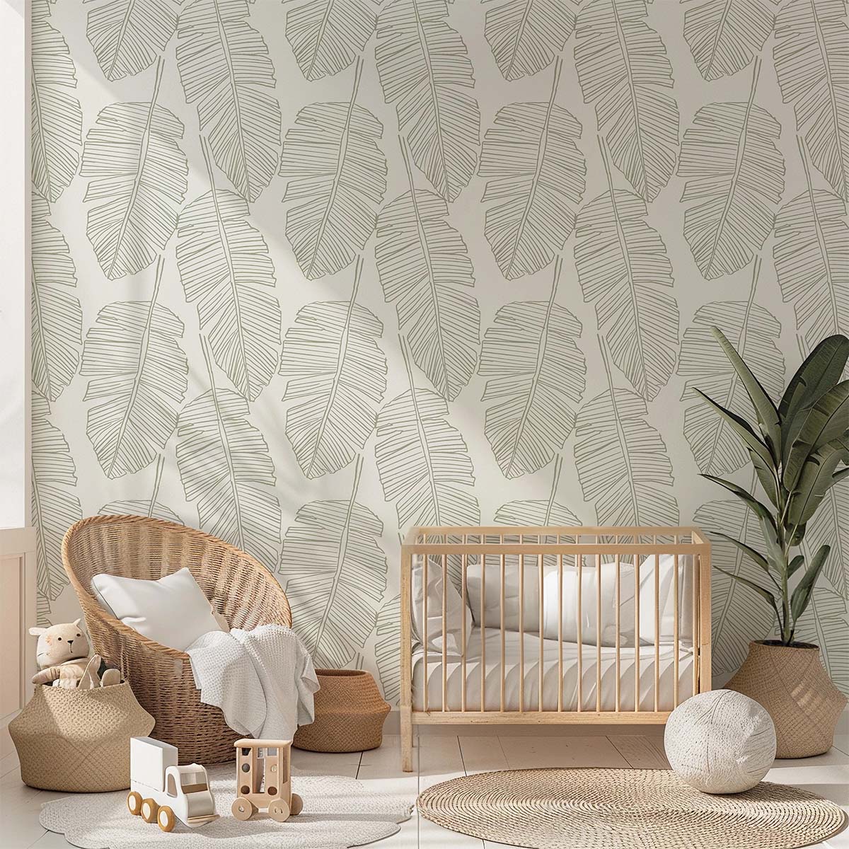 Botanical surface pattern design on nursery wallpaper for kids room décor.