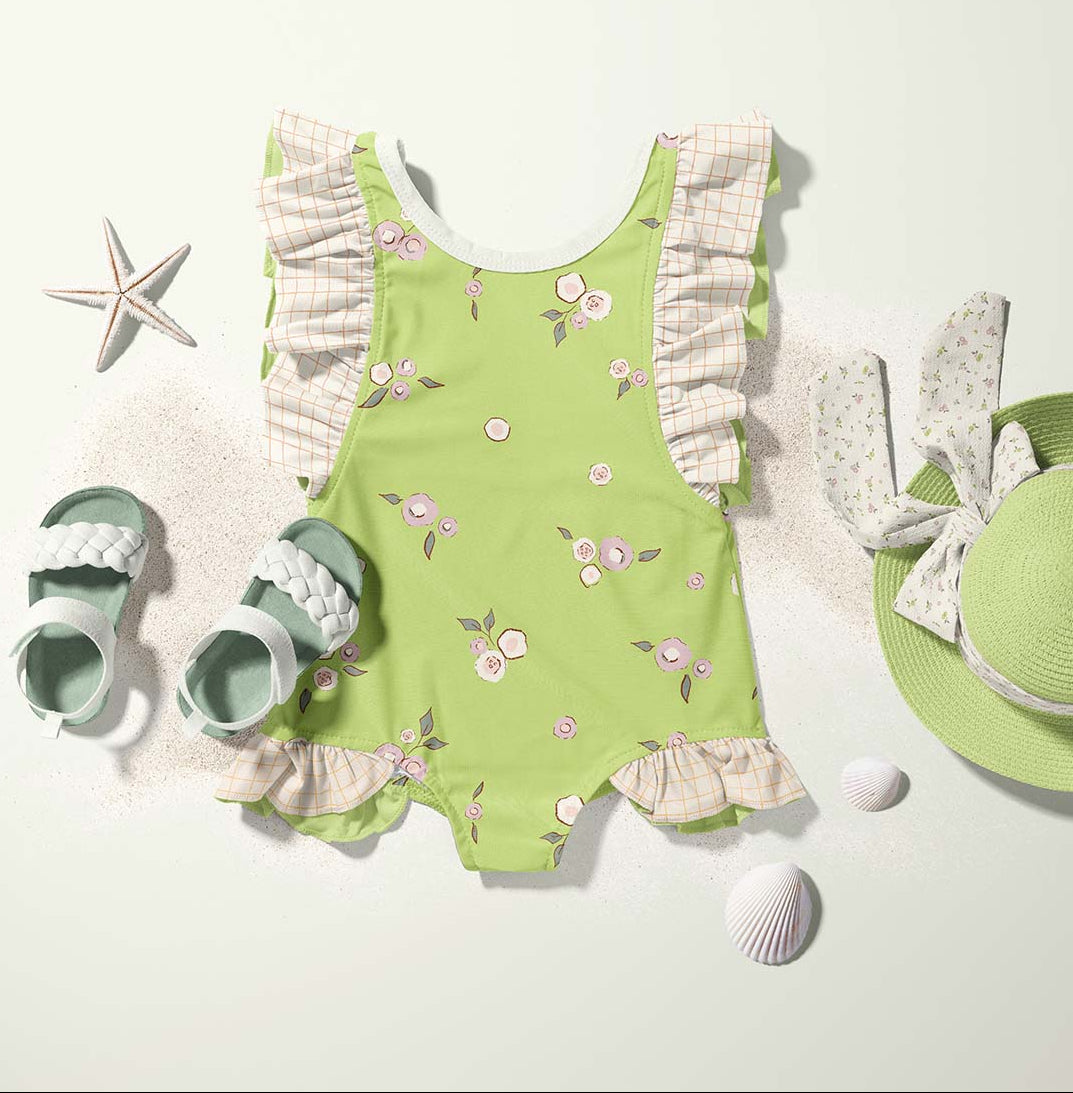 Hand-drawn floral surface pattern design on children’s fabric, suitable for kids apparel and nursery décor.